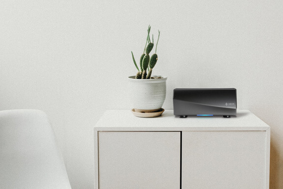 A HEOS speaker beside a plant on a shelf.