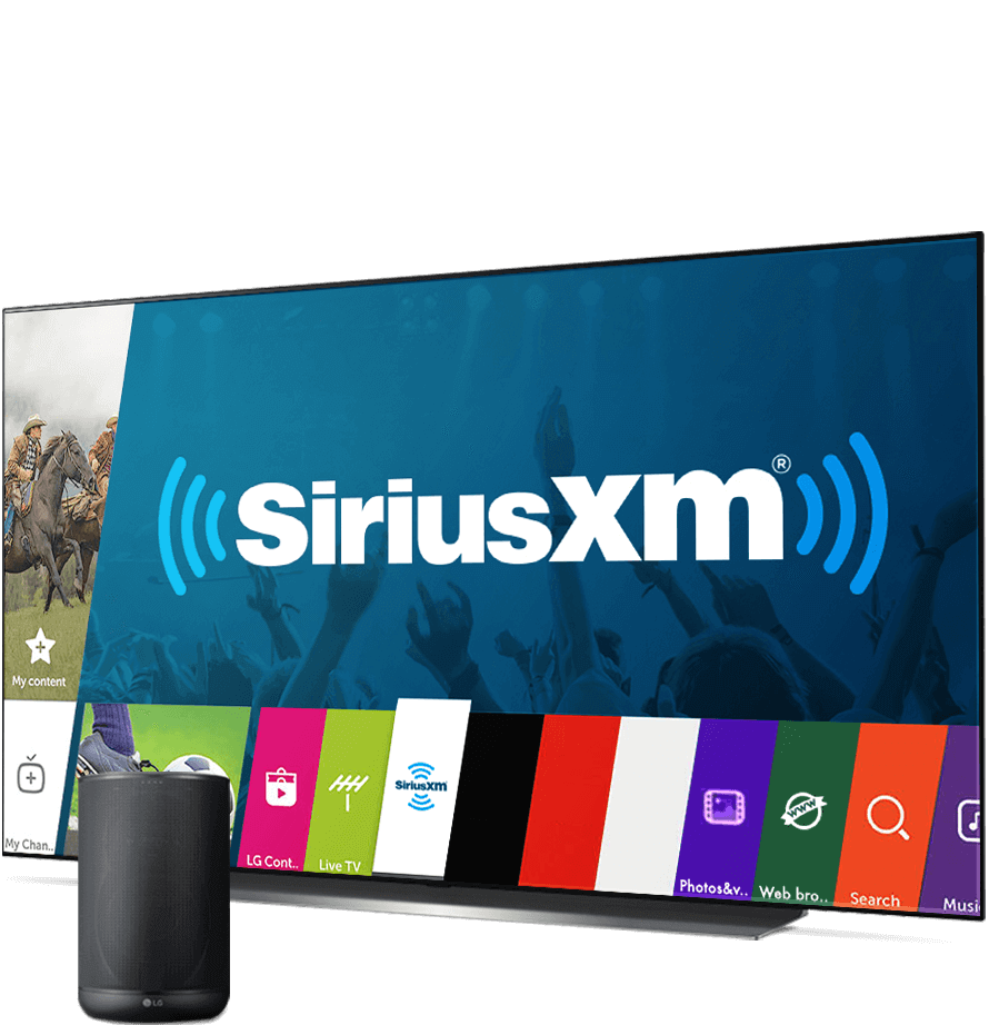 An LG television displaying the SiriusXM App with a speaker beside it.