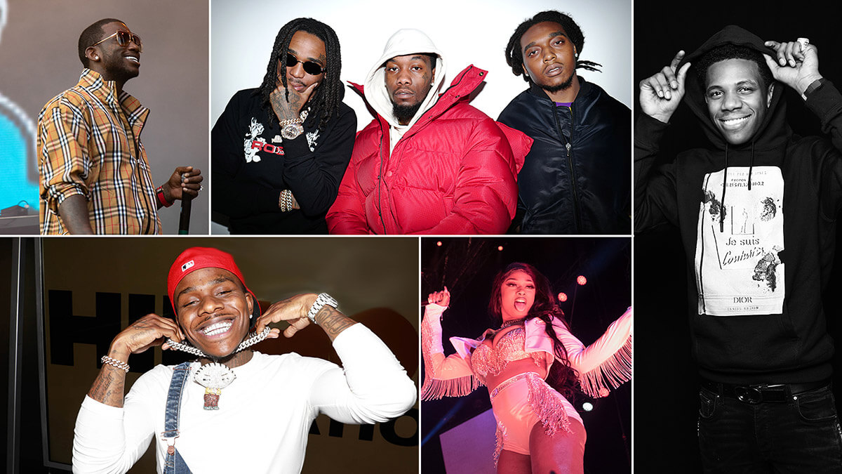 Images of Gucci Mane, Migos, Boogie wit da hoodie, Megan the Stallion, and DaBaby.