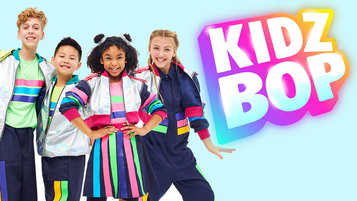An image of four colourfully dressed children beside a logo for KIDZ Bop.