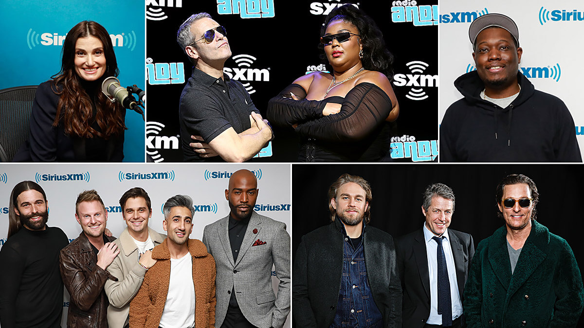 Images of Idina Menzel, Lizzo, Michael Che, Charlie Hunnam, Hugh Grant, Matthew McConaughey, and the cast of Queer Eye.