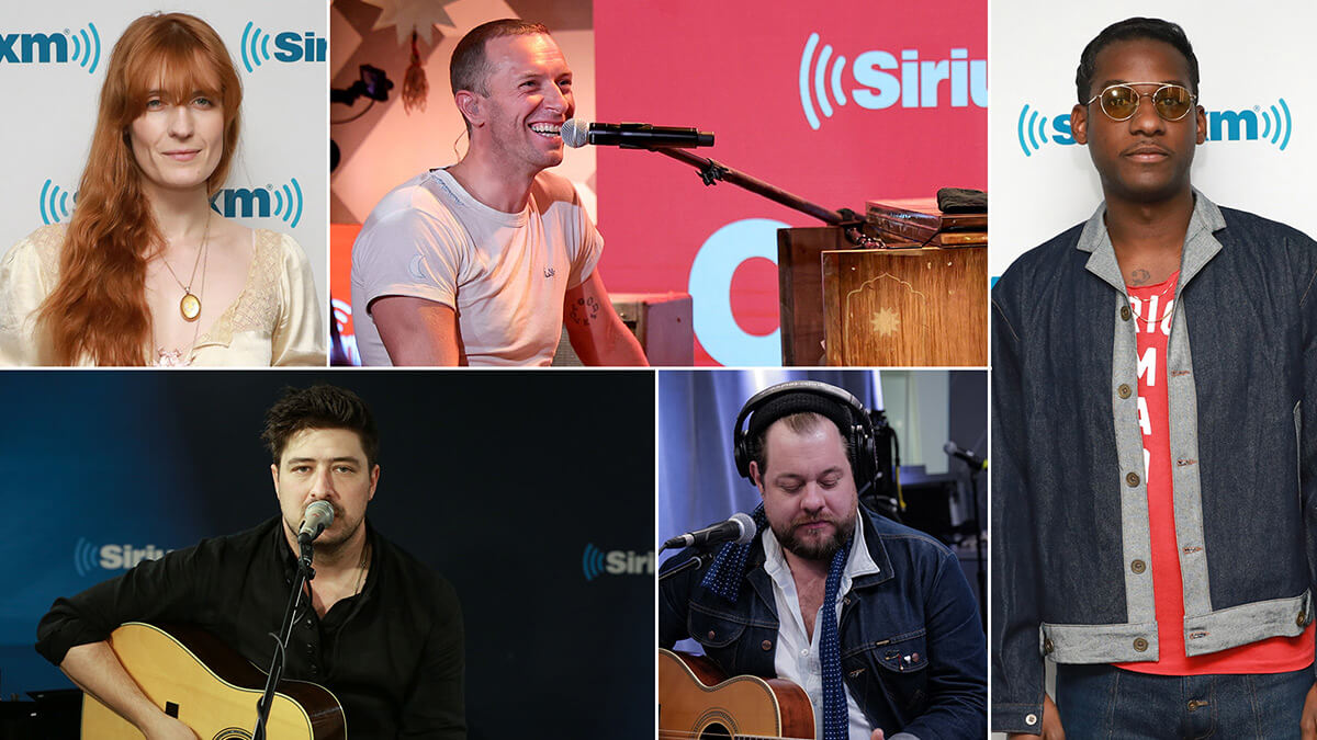 Images of Florence from Florence & The Machine, Chris Martin from Coldplay, Leon Bridges, Nathaniel Rateliff, and Mumford & Sons.
