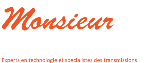 Logo portant l’inscription « Monsieur transmission », avec en dessous « Experts en technologie et spécialistes des transmissions », le tout en orange sur un fond clair.