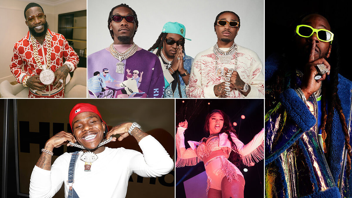 Images of Gucci Mane, Migos, Da Baby, Megan the Stallion, and 2 Chainz