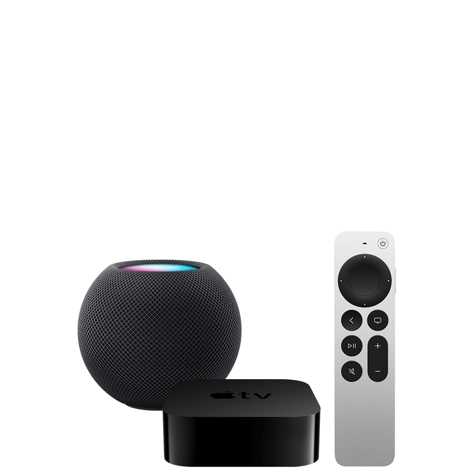 An Apple TV, Remote, and HomePod mini.