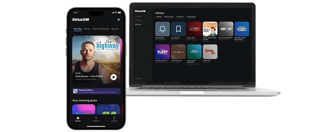 An image of a phone and laptop showing the SiriusXM app.