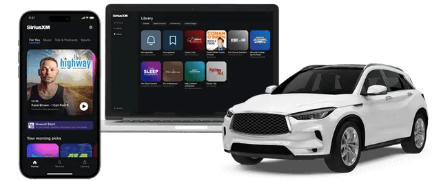 An image of a phone and laptop showing the SiriusXM app and a white car.