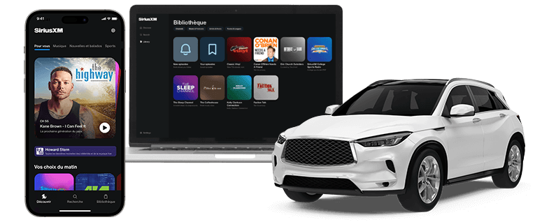 Une image d’un téléphone et d’un ordinateur portable montrant l’appli SiriusXM et une voiture blanche.