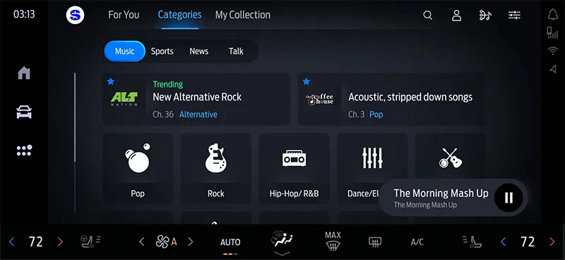 Un écran d'infodivertissement SiriusXM pour Ford avec des catégories musicales telles que Pop et Rock, une chaîne tendance "New Alternative Rock", et "The Morning Mash Up" en cours de lecture. Les commandes de climatisation sont visibles en dessous.