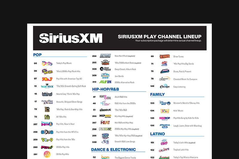 SiriusXM Play Channel Lineup