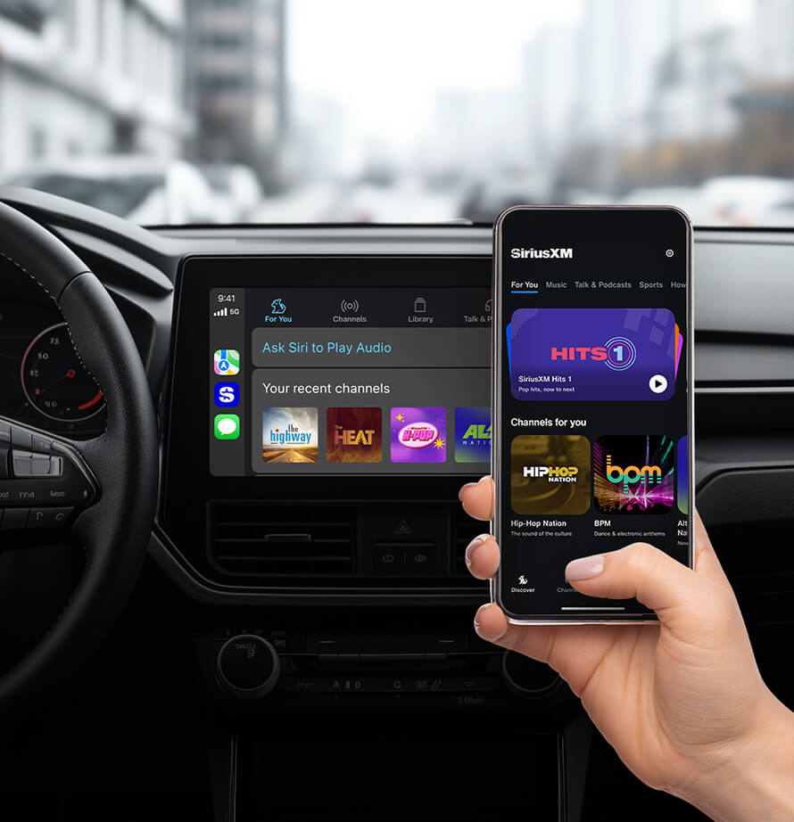 Using Apple CarPlay to use the SiriusXM app in a vehicle.
