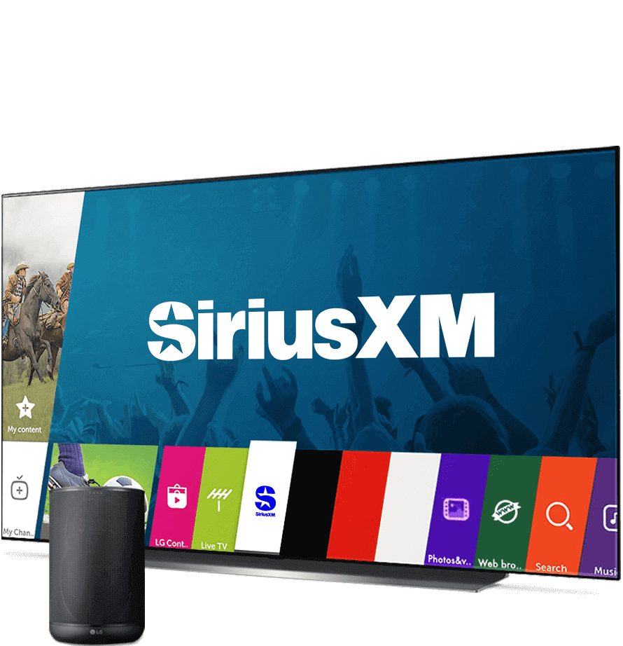 An LG television displaying the SiriusXM app with a speaker beside it.