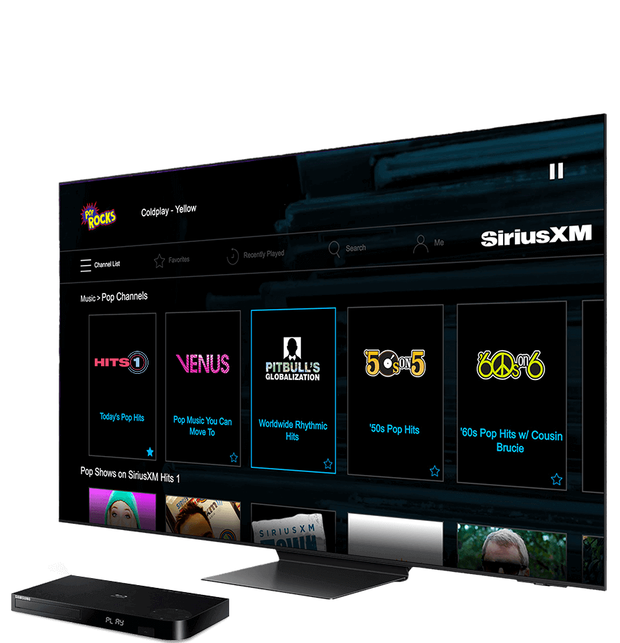 The SiriusXM app displayed on a Samsung television attached to a Samsung device.