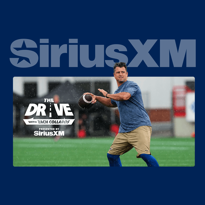 Zach Collaros pictured in sports attire prepares to throw a football on a field. Text reads “The Drive with Zach Collaros presented by SiriusXM.” Large SiriusXM logo is displayed above the image.