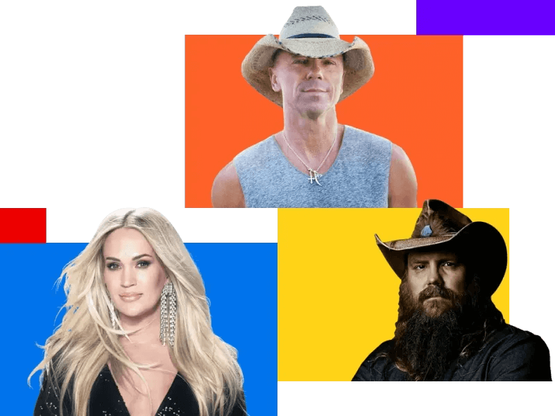 Un collage de musique country mettant en scène trois musiciens : Kenny Chesney, coiffé d’un chapeau de cowboy et vêtu d’un débardeur, sur fond orange ; Carrie Underwood, aux longs cheveux blonds, sur fond bleu ; et Chris Stapleton, également coiffé d’un chapeau de cowboy, sur fond jaune. Écoutez de la musique country sur SiriusXM.
