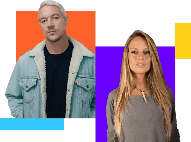 Diplo is shown in a light denim jacket and Nora En Pure is pictured in a gray sweater, each in front of colourful geometric backgrounds. Listen to dance and electronic music on SiriusXM