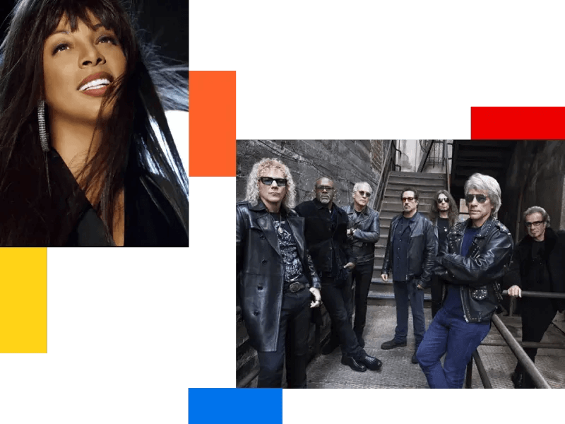 Un collage présentant un gros plan de Donna Summer, les cheveux longs et noirs, à gauche, et Bon Jovi, tous deux vêtus de sombre et portant des lunettes de soleil, posant ensemble à droite, sur fond de formes géométriques colorées. Écoutez des décennies de musique sur SiriusXM.