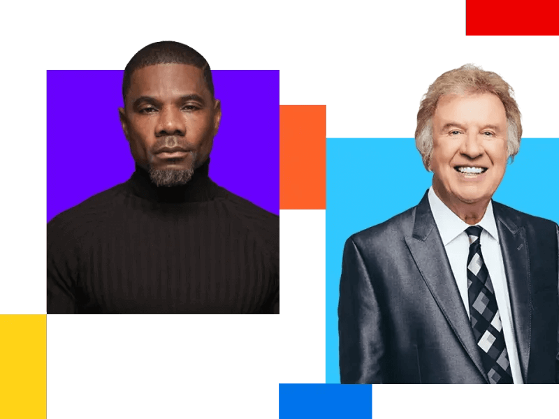 Two men are pictured separately on a graphic background with colourful blocks. Kirk Franklin is on the left, in a black turtleneck and has a serious expression. Bill Gaither is on the right, smiling in a suit against blue. Listen to Christian music on SiriusXM.