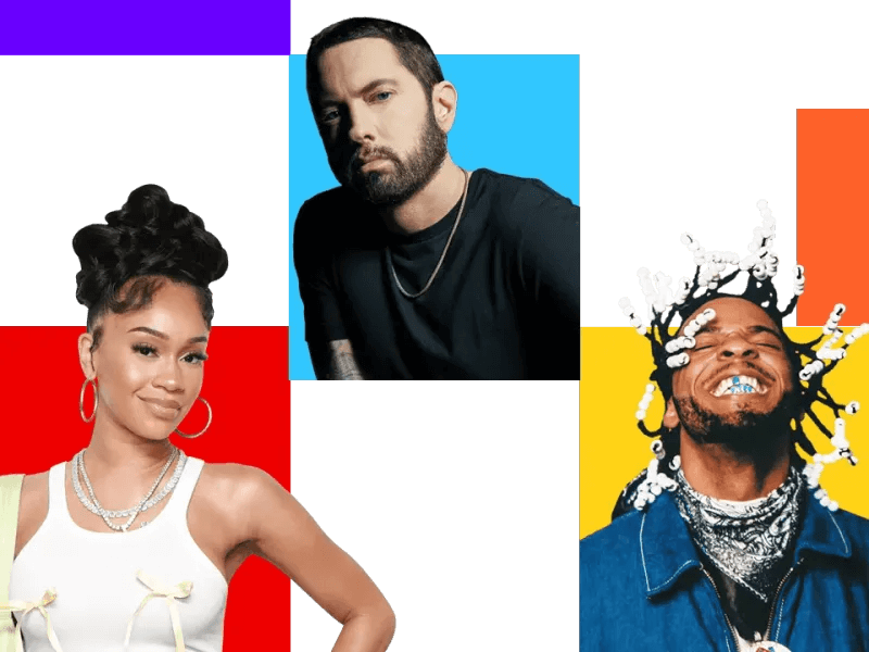 Un collage de trois musiciens hip-hop/R&B sur des fonds colorés : Saweetie, coiffée d’un chignon haut et vêtue d’un haut blanc, apparaît sur fond rouge ; Eminem, les cheveux courts et barbu, est sur fond bleu ; et Armani White, paré de bijoux et de barrettes blanches, est sur fond jaune. Écoutez du hip-hop/R&B sur SiriusXM.