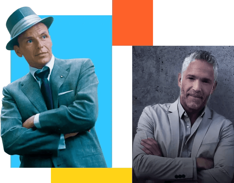 Two men in suits with arms crossed: Frank Sinatra is shown in a blue suit, tie, and fedora on a bright blue background—evoking Jazz Music style; the other in a light gray suit against a gray textured wall. Geometric colour shapes frame the image. Listen to jazz, blues, standards, and classical music on SiriusXM.