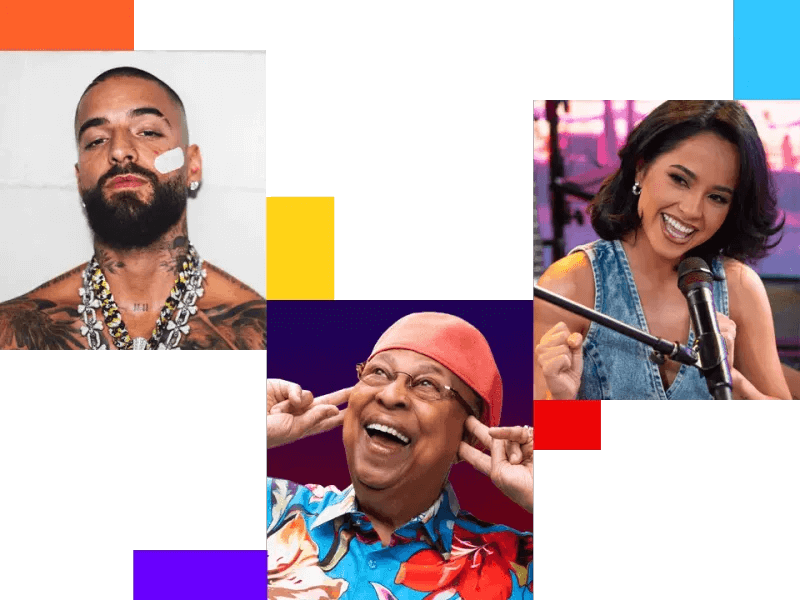 Three people—Maluma is pictured with tattoos and jewelry, a smiling Chucho Valdes is in glasses and a red hat, and Becky G is shown with short dark hair speaking into a microphone—stand against a colourful geometric background. Listen to Latino music on SiriusXM.