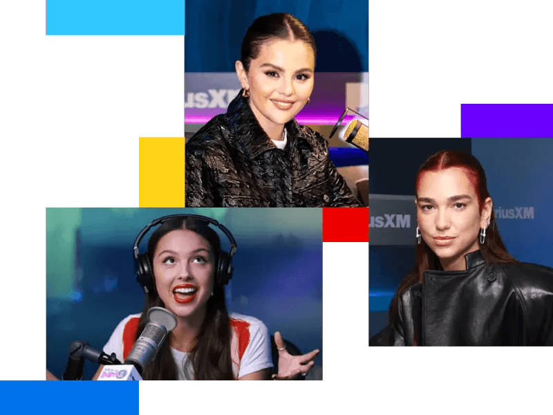Olivia Rodrigo, Selena Gomez, and Dua Lipa are pictured in the SiriusXM studios: Selena is smiling in a dark jacket, Olivia Rodrigo is with headphones speaking energetically, and Dua Lipa is shown with red hair wearing a black jacket—all discussing music in front of microphones. Listen to pop music on SiriusXM