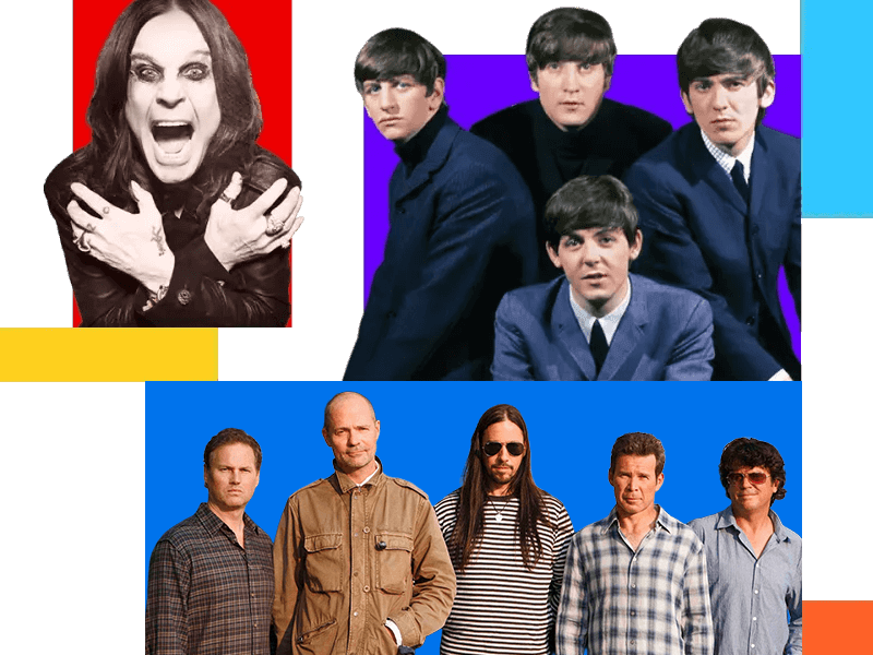 Un collage mêlant une photo en noir et blanc d'Ozzy Osbourne au maquillage sombre, les Beatles en costume, icônes des années 60, et un cliché aux teintes bleutées du groupe The Tragically Hip. Écoutez du rock sur SiriusXM.