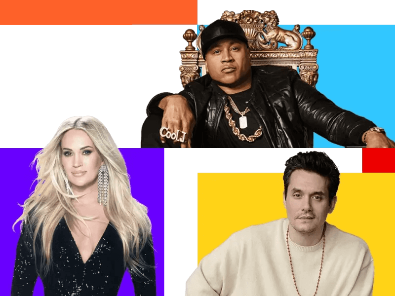 A collage of three celebrities: LL Cool J is pictured in a black leather jacket and hat sitting on a throne, Carrie Underwood is pictured with long blond hair in a sparkly black dress, and John Mayer is pictured in a cream sweater, all set against colourful, music-inspired geometric backgrounds.