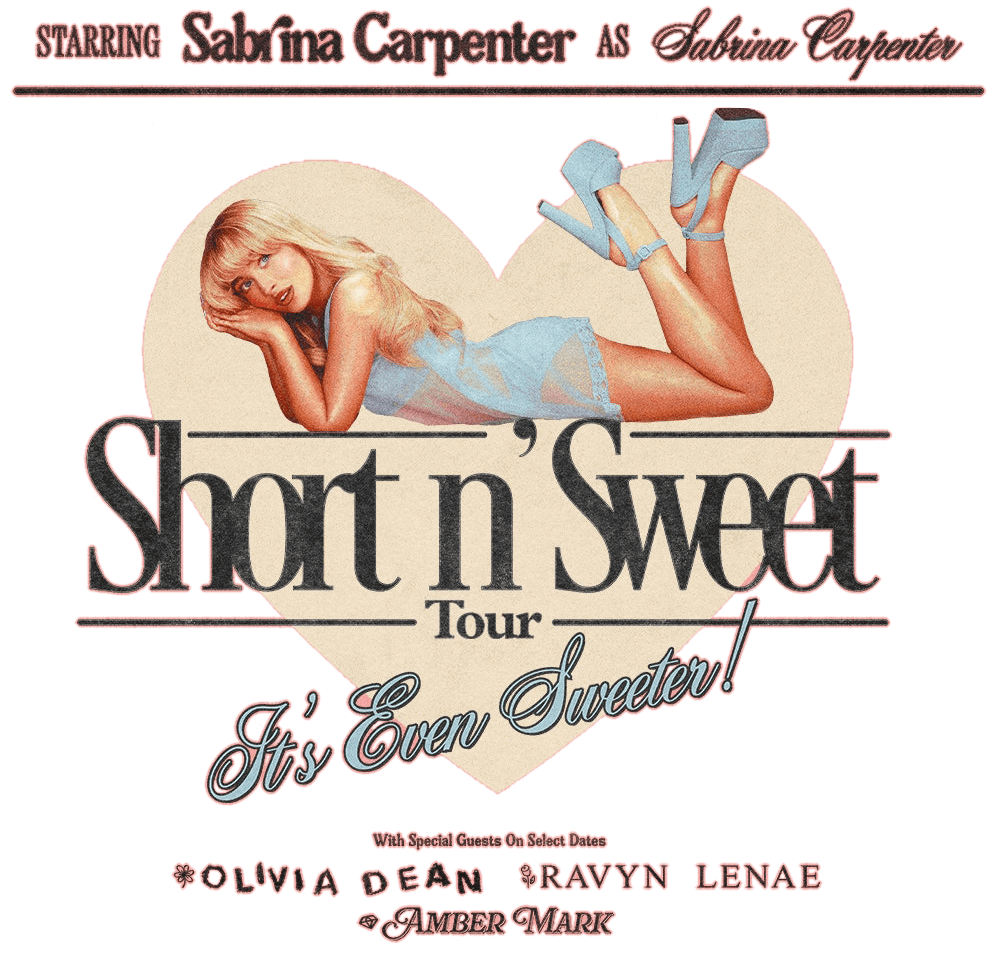 Sabrina Carpenter's Short n' Sweet Tour graphic featuring Sabrina Carpenter over a tan heart graphic. Also featuring Special Guests on Select Dates: Olivia Dean, Ravyn Lenae, and Amber Mark.