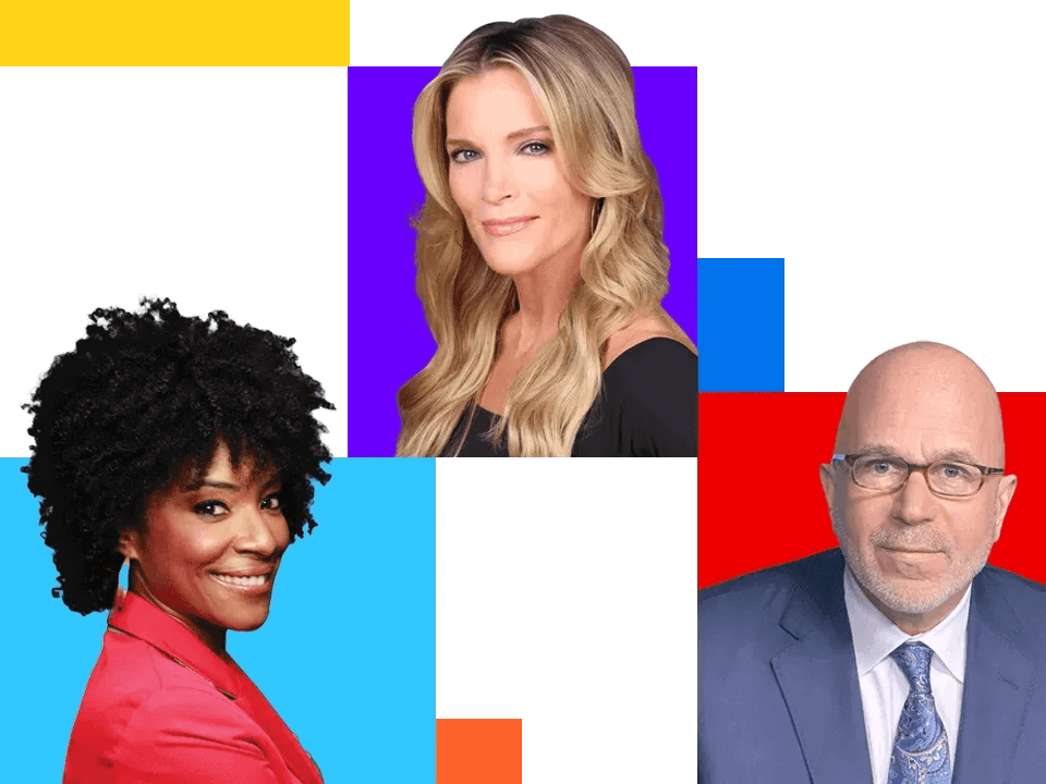 Three people are pictured in front of colorful geometric backgrounds: Zerlina Maxwell is pictured with curly hair in a red jacket, Megyn Kelly is shown with long blonde hair in black, and Michael Smerconish is pictured with glasses and a suit. Listen to news on SiriusXM.