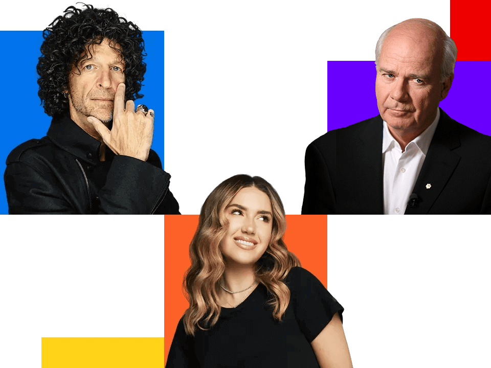 Trois personnes posent devant des fonds géométriques colorés : Howard Stern, cheveux bouclés et veste noire sur fond bleu ; It’s Me, Tinx, en noir sur fond orange ; et Andy Cohen, en blazer bleu sur fond violet. Écoutez les chaînes de causeries et les balados sur SiriusXM.