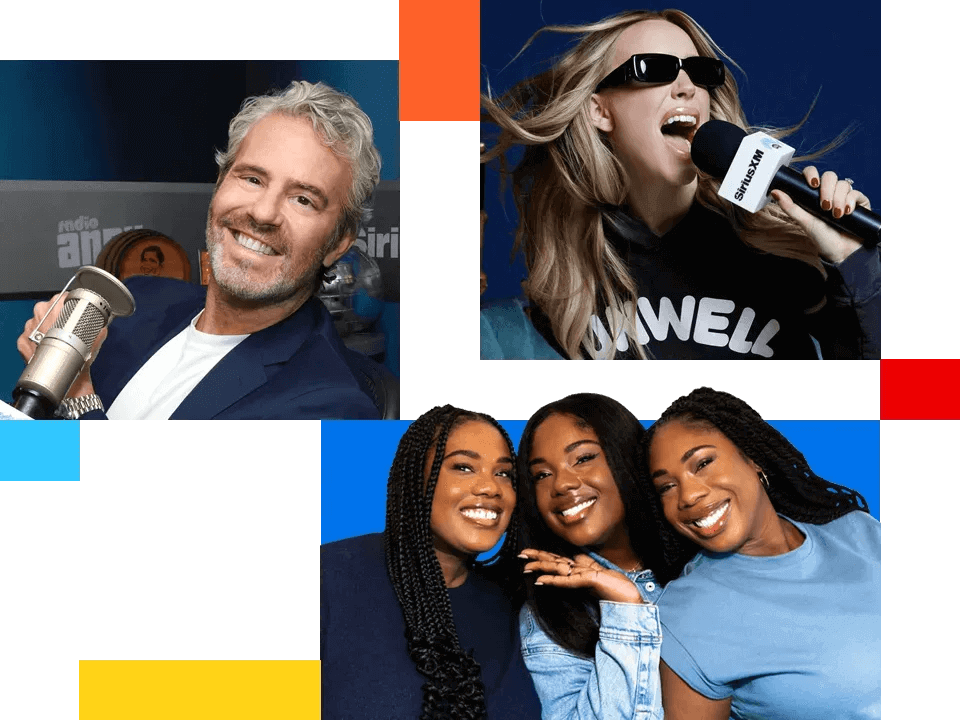 Un collage illustrant la culture pop : Andy Cohen, souriant, les cheveux gris, tient un microphone ; Alex Cooper, lunettes de soleil sur le nez, chante ; et trois femmes sourient ensemble sur fond bleu. — Écoutez des émissions et des balados sur SiriusXM.