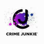 Crime Junkie logo featuring a bold black letter C partially enclosing a J, set against a white background with purple and blue paint splatters. The words CRIME JUNKIE appear below in black, all-caps text. Listen to the Crime Junkie podcast on SiriusXM.