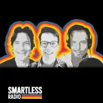Illustration of three smiling men outlined with colorful neon glows on a black background, with the text SmartLess Radio in the bottom left corner—Listen to the Smartless Radio podcast on SiriusXM.