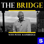 Black and white image of Peter Mansbridge in glasses and a light shirt, sitting and talking. Text reads The Bridge with Peter Mansbridge in bold white and yellow letters. Listen to The Bridge podcast on SiriusXM.