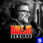 Black and white image of a man with glasses and headphones speaking into a microphone, smiling. Text reads “Dale Jr Download” in bold letters. Logos for Dirty Mo Media and a blue “S” icon appear in the corners—Listen to The Dale Jr. Download podcast on SiriusXM.