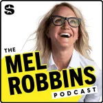 A smiling woman with blonde hair and black glasses looks up. Text reads The Mel Robbins Podcast on a yellow and black background—Listen to The Mel Robbins Podcast podcast on SiriusXM.