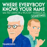 Illustrated cover for the podcast Where Everybody Knows Your Name (Sometimes) featuring cartoon versions of Ted Danson and Woody Harrelson smiling against a green background—Listen to Where Everybody Knows Your Name podcast on SiriusXM.