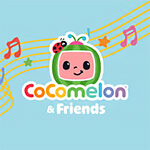 Le logo de CoComelon & Friends représente une télévision de dessin animé souriante avec une écorce de pastèque verte, un visage rose et une coccinelle sur le dessus. Le texte coloré "CoComelon & Friends" apparaît en dessous, soulignant le caractère ludique et amical du thème.