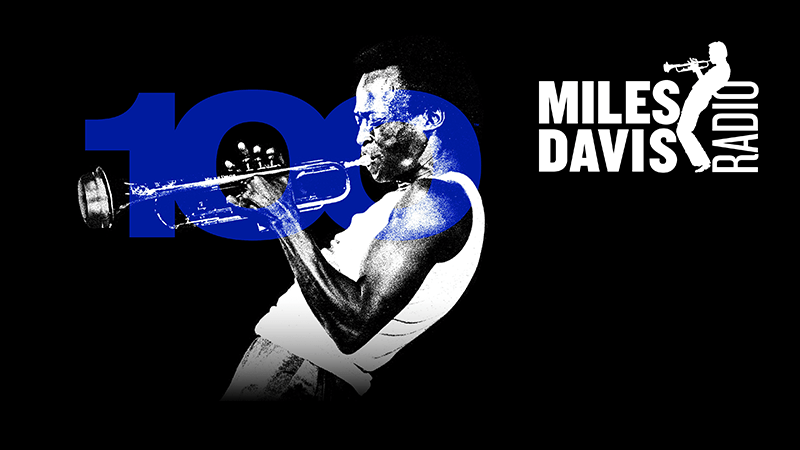 Black and white image of Miles Davis playing trumpet passionately, overlaid with a large blue 100. Text on the right reads Miles Davis Radio with a silhouette of a trumpeter.