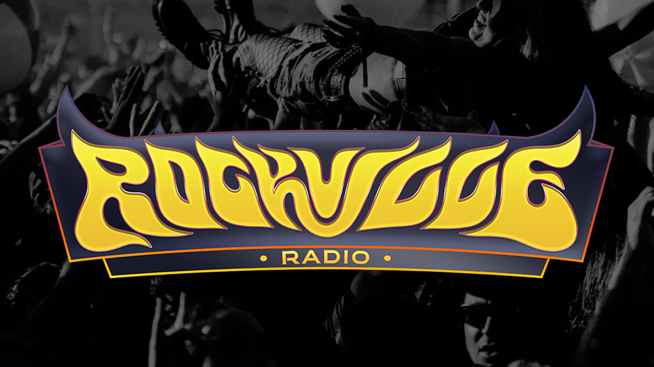 Logo reading Rockville Radio in bold yellow letters with a stylized, rock-inspired font over a dark background showing a crowd at a concert with raised hands and someone crowd surfing.