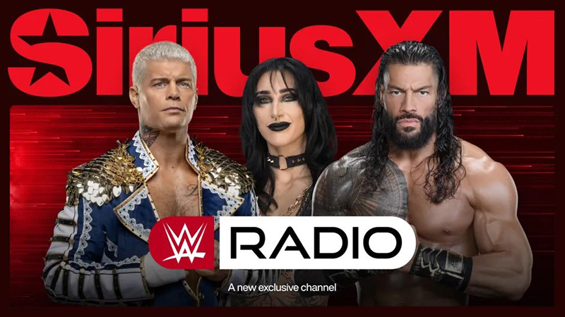 Three WWE wrestlers stand in front of a red SiriusXM background, with the WWE Radio logo below them. One wears a blue and gold jacket, one wears black, and one is shirtless with long hair and tattoos. Listen to WWE Radio exclusively on SiriusXM.