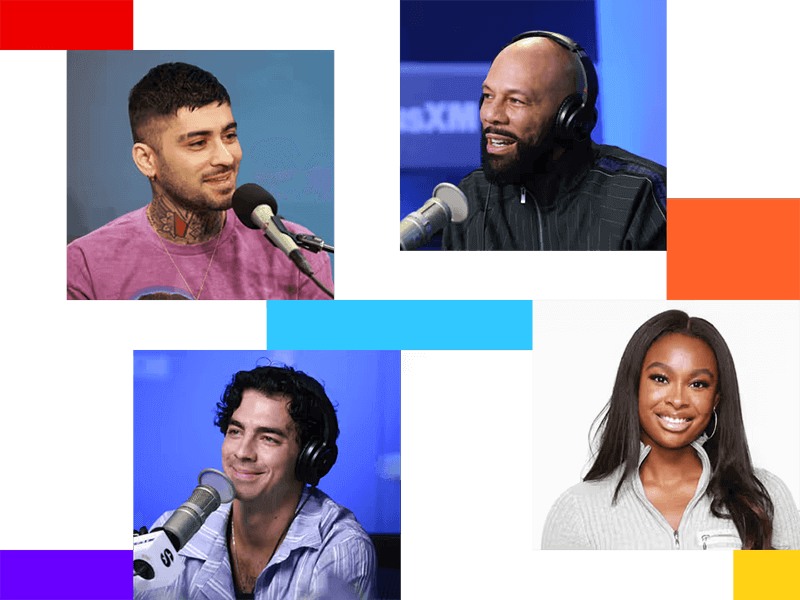 Zayn, Common, Joe Jonas, and Coco Jones sit at microphones, each in separate coloured frames. Three men and one woman, all wearing headphones, are smiling or talking about music—ranging from country to hip-hop—against various blue and neutral studio backgrounds.