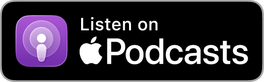 A black rectangular button with the Apple Podcasts purple icon on the left and the text Listen on Apple Podcasts in white on the right.