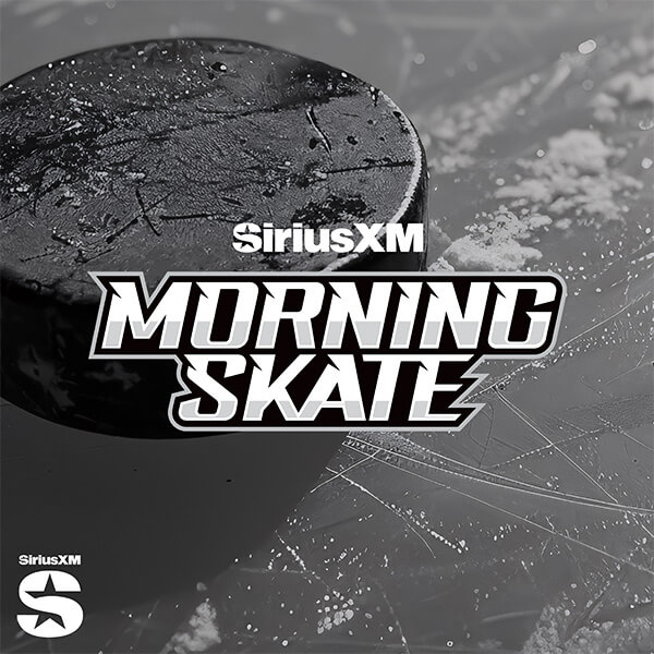 A close-up of a hockey puck on scratched ice with snow. “SiriusXM MORNING SKATE” appears in bold over the puck, featuring hosts Gord Stellick and Tyler Madarasz from NHL Network Radio. The SiriusXM logo is in the bottom left corner.