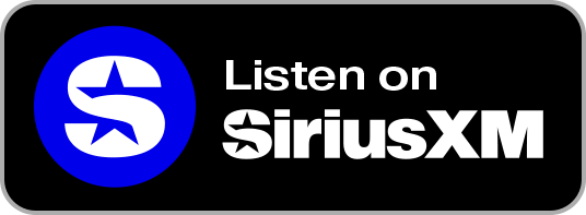 A black rectangle with a blue circle containing a white S and star on the left. White text reads Listen on SiriusXM.