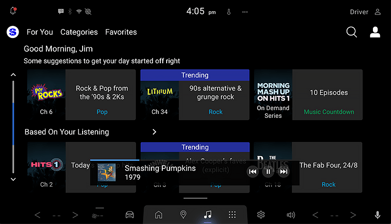 A SiriusXM infotainment screen for Mazda displays music and radio suggestions, including playlists like “Rock & Pop from the 90s, 00s & 10s” and “90s alternative & grunge rock,” with a highlighted song by Smashing Pumpkins.