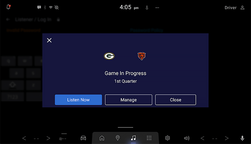 A SiriusXM infotainment screen for Mazda displays NFL team logos for the Green Bay Packers and Chicago Bears with Game In Progress, 1st Quarter and three buttons: Listen Now, Manage, and Close. The main screen is partially obscured in the background.