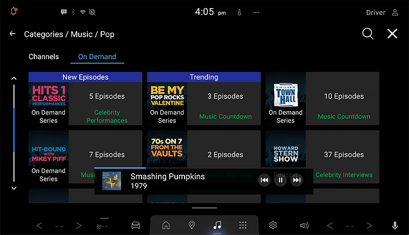 A SiriusXM infotainment screen for Mazda displays music channel options under the On Demand Pop category. A song by Smashing Pumpkins titled 1979 is highlighted at the bottom of the screen.