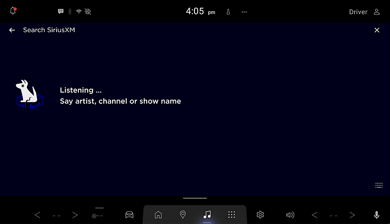 A SiriusXM infotainment screen for Mazda displays a SiriusXM voice command screen. A white dog icon is shown, with the text: Listening... Say artist, channel or show name. The time at the top is 4:05 pm.
